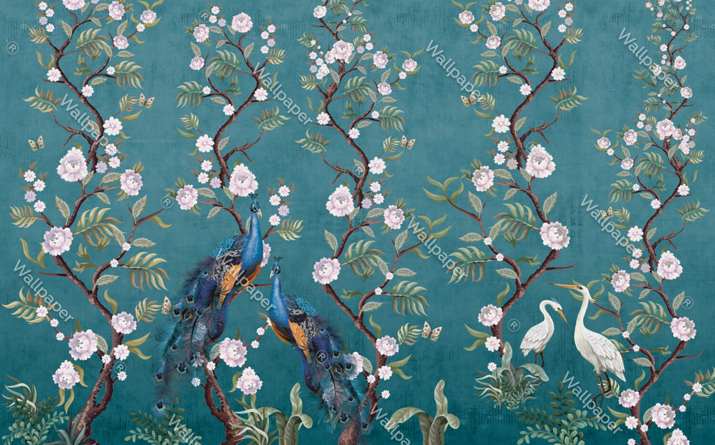 Teal Peony Peacock Wallpaper : Chinoiserie Blossom Mural - View 2