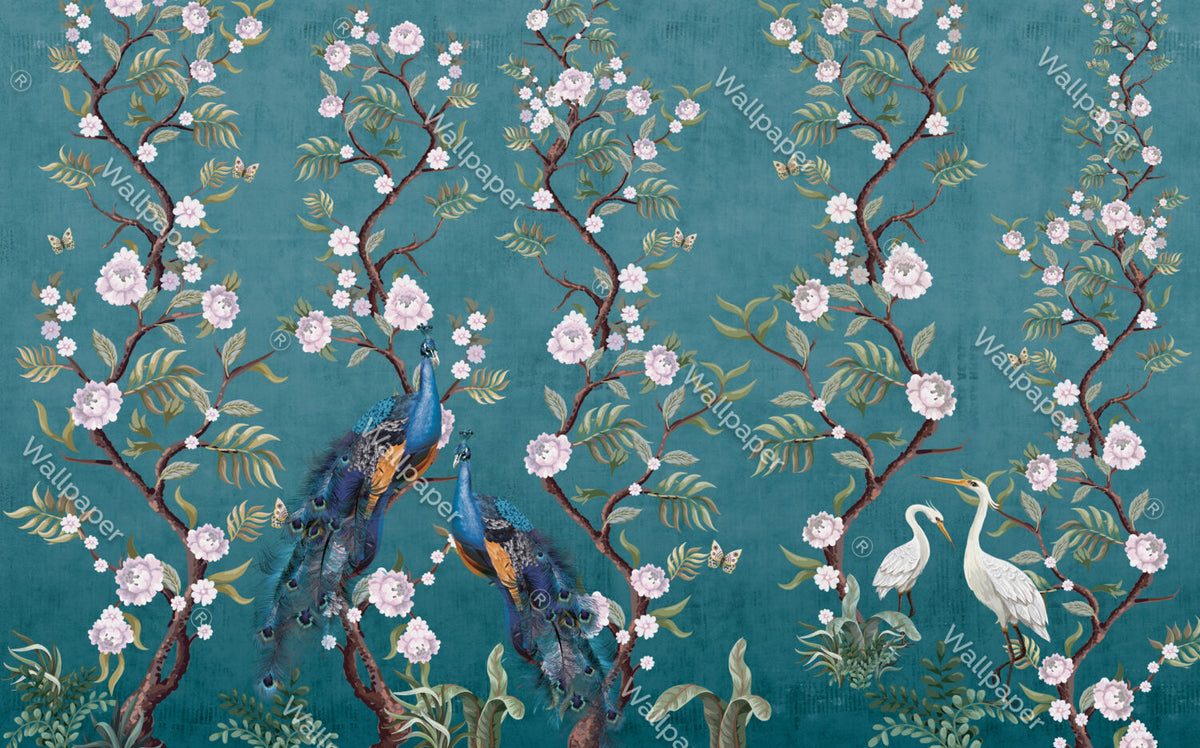 Teal Peony Peacock Wallpaper : Chinoiserie Blossom Mural - View 2