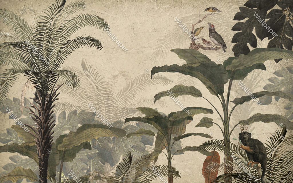 Sand Retro Jungle Wallpaper : Birds and Monkeys Mural - View 2
