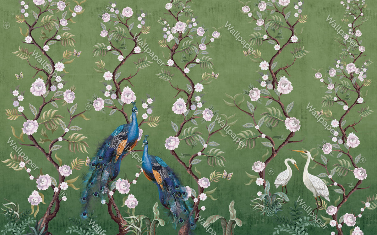 Green Peony Peacock Wallpaper : Chinoiserie Blossom Mural - View 2