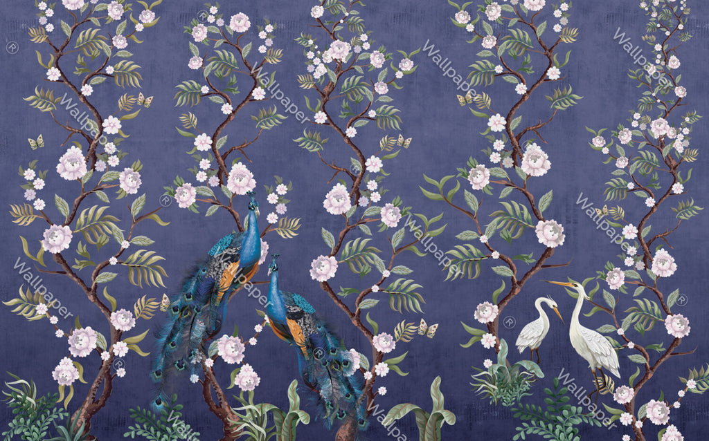 Indigo Peony Peacock Wallpaper : Chinoiserie Blossom Mural - View 2