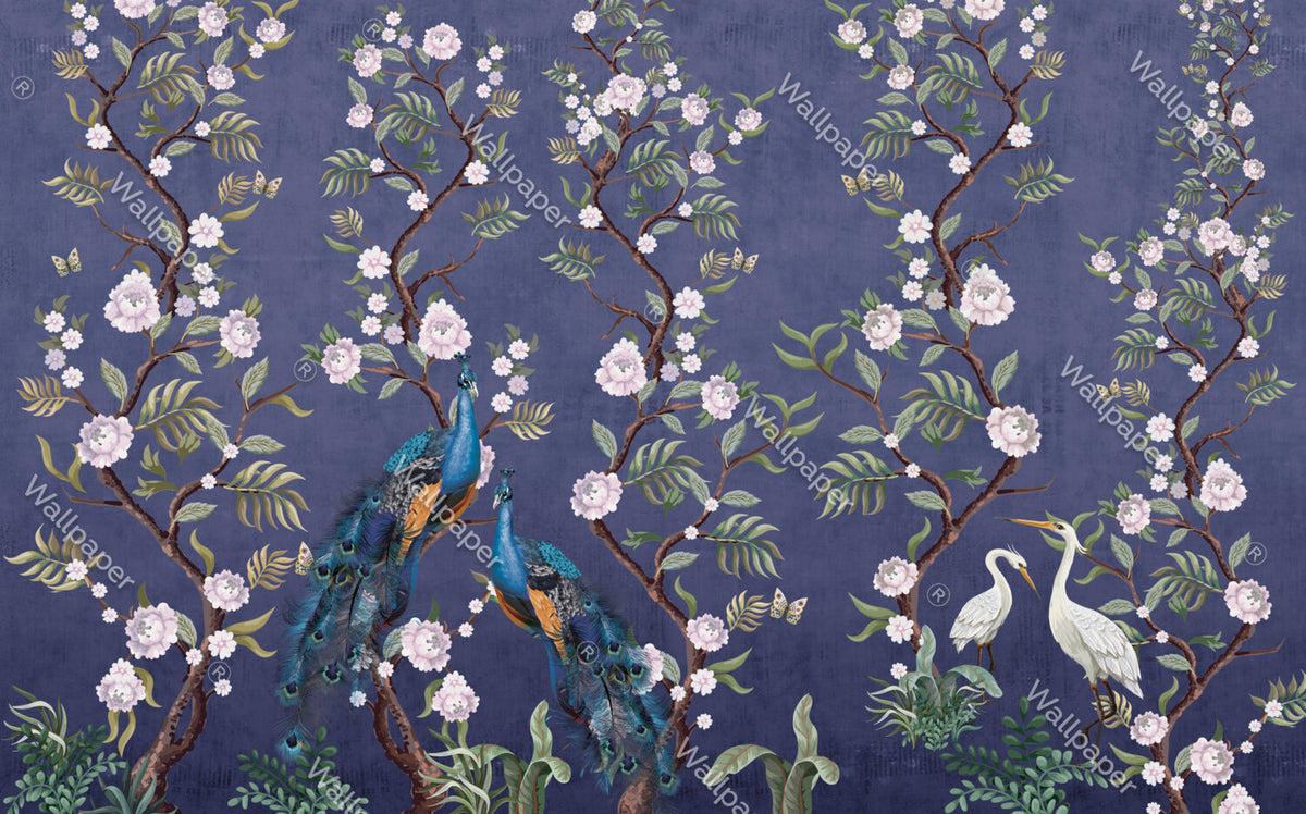 Indigo Peony Peacock Wallpaper : Chinoiserie Blossom Mural - View 2