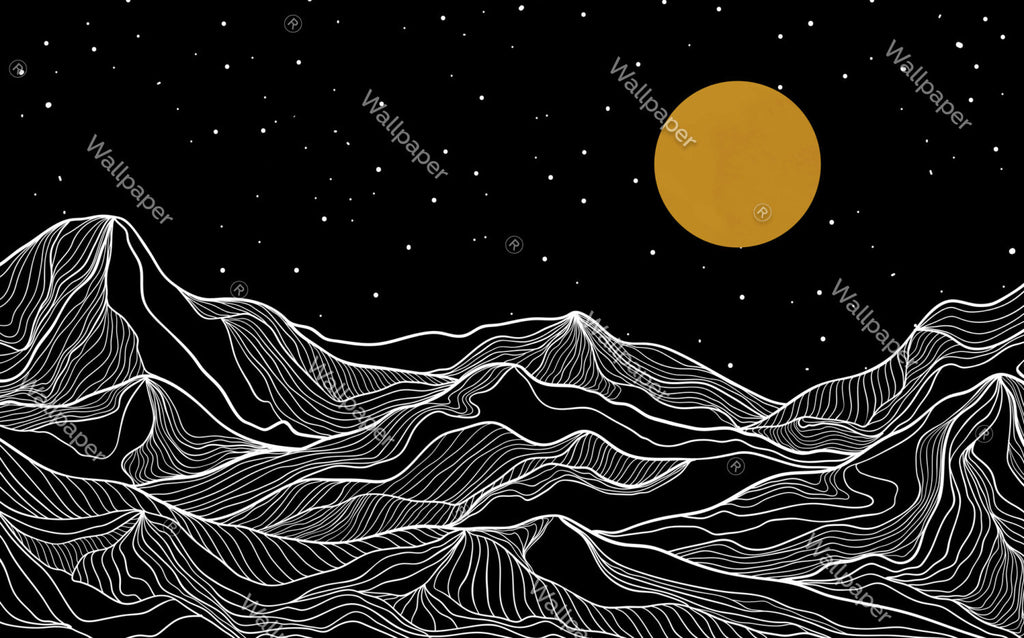 Black And White Mountain Wallpaper : Line Art Night Sky Mural - View 2