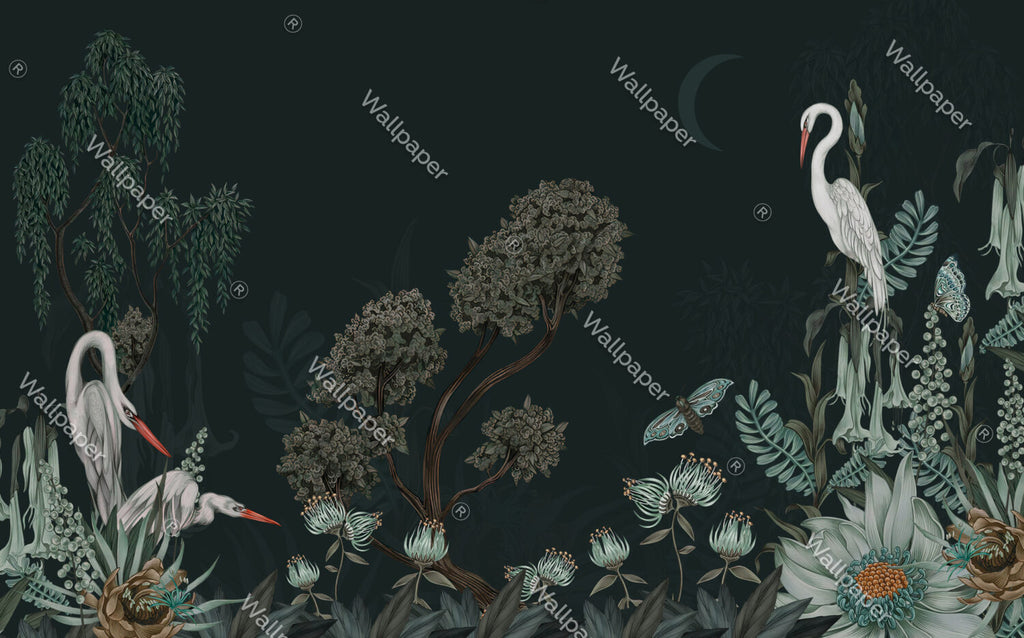 Dark Green Botanical Wallpaper : Moth And Heron Mural - View 6
