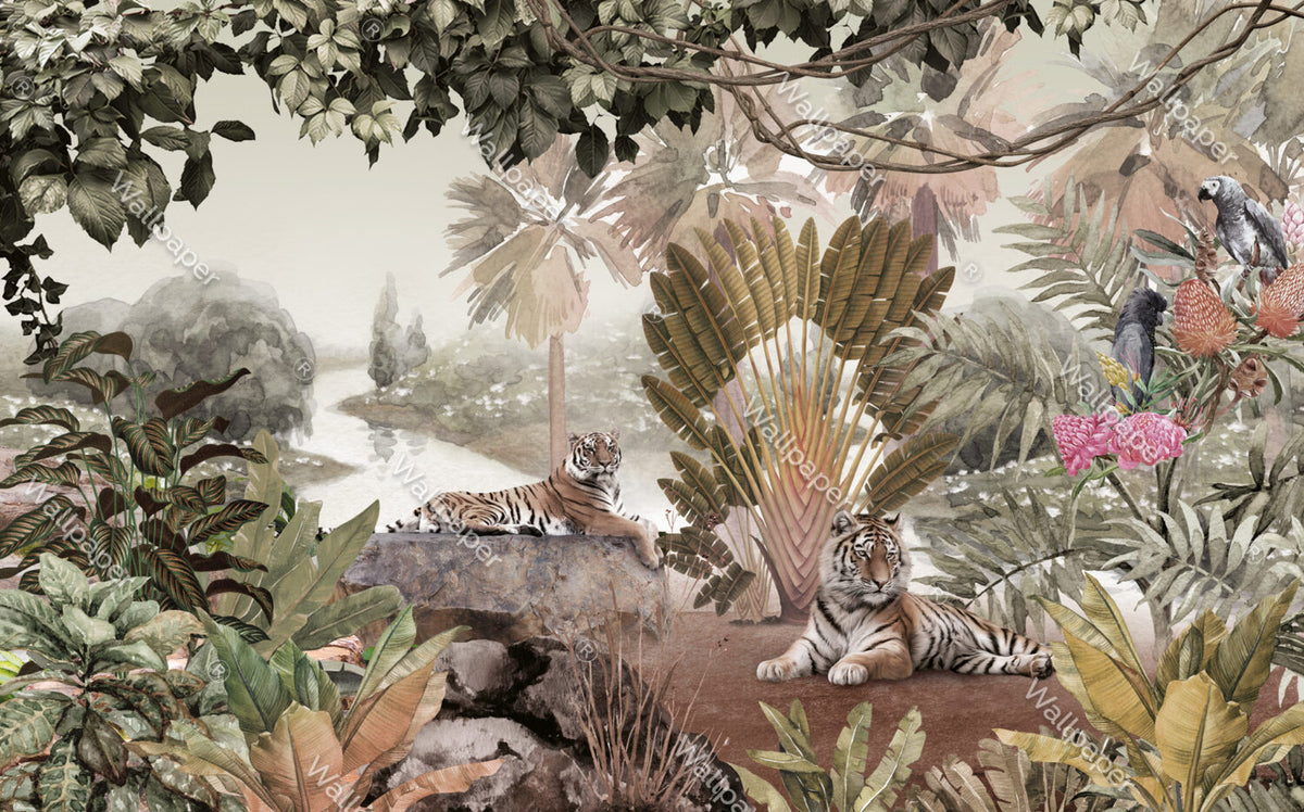 Tiger Jungle Wallpaper : Misty Tropical Forest Birds Mural - View 2