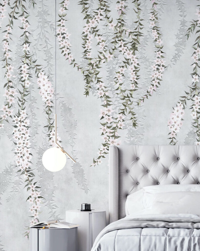 Hanging Wisteria Wallpaper : Soft Grey Trailing Flowers Mural - View 2