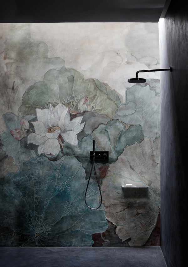 Turquoise Lotus Wallpaper : Soft Watercolor Lily Pad Mural