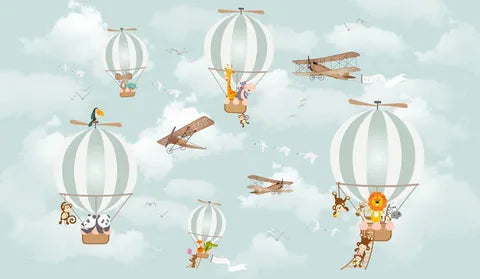 Hot Air Balloon Kids Wallpaper : Vintage Planes and Animals Mural - View 2