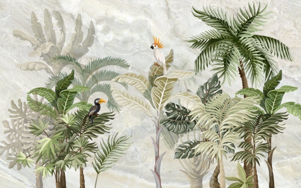 Tropical Bird Wallpaper : Soft Cream Jungle Mural - View 2