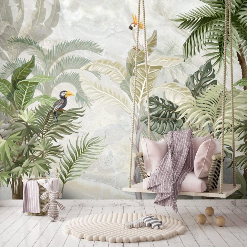 Tropical Bird Wallpaper : Soft Cream Jungle Mural