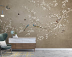 Blue Bird Blossom Wallpaper : Taupe Chinoiserie Branch Mural