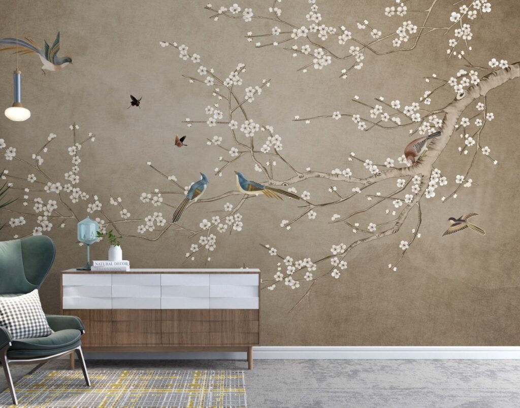 Blue Bird Blossom Wallpaper : Taupe Chinoiserie Branch Mural