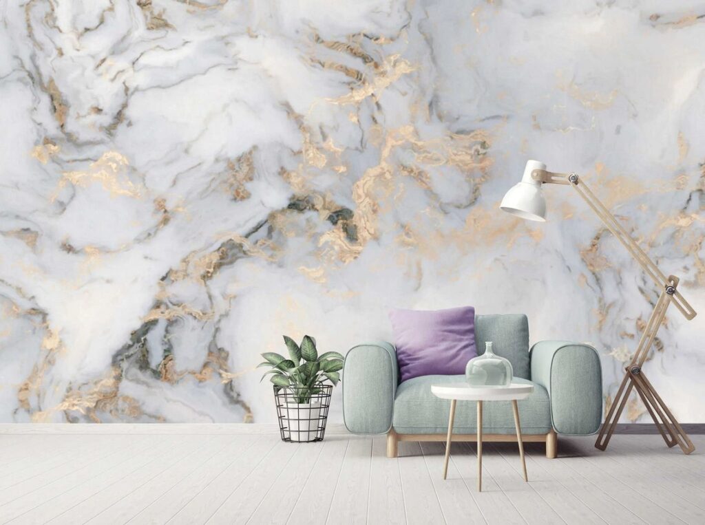 Grey Gold Marble Wallpaper : Soft Veined Stone Mural