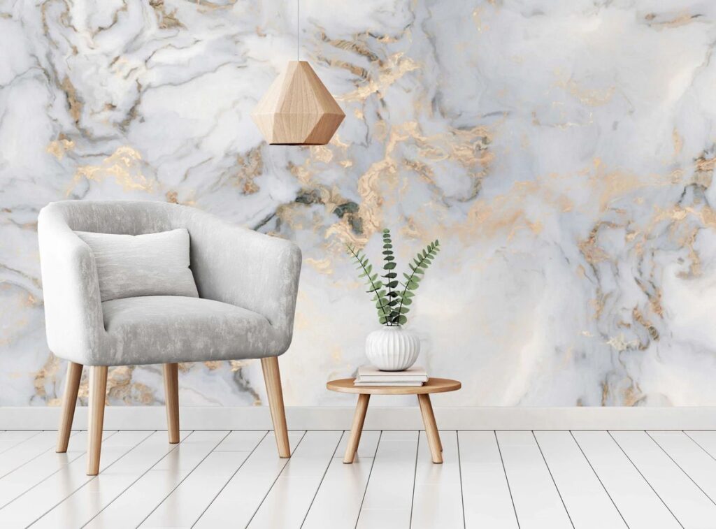 Grey Gold Marble Wallpaper : Soft Veined Stone Mural - View 3