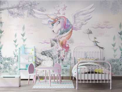 The Unicorn, Magic Unicorn Wall Mural, Girls Room Mural Art, Unicorns Wallpaper, Peel and Stick Wallpaper, Nursery Wall Mural