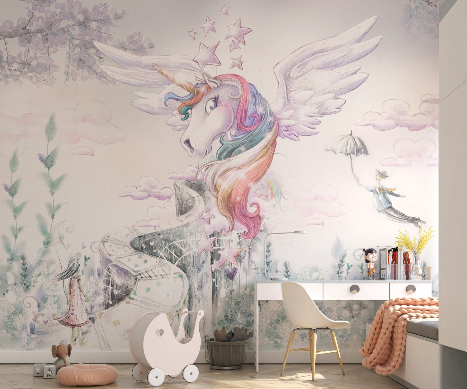 The Unicorn, Magic Unicorn Wall Mural, Girls Room Mural Art, Unicorns Wallpaper, Peel and Stick Wallpaper, Nursery Wall Mural