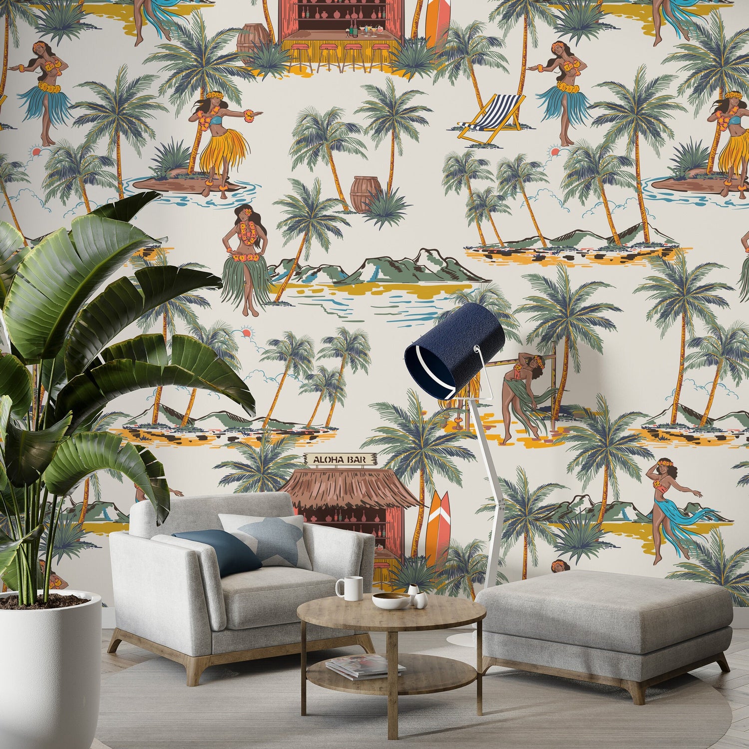 Palm Tree Islands Wallpaper, Hawaii Wall Mural, Tiki Wallpaper, Removable Wallpaper, Peel and Stick Wall Mural, Women Wallpaper