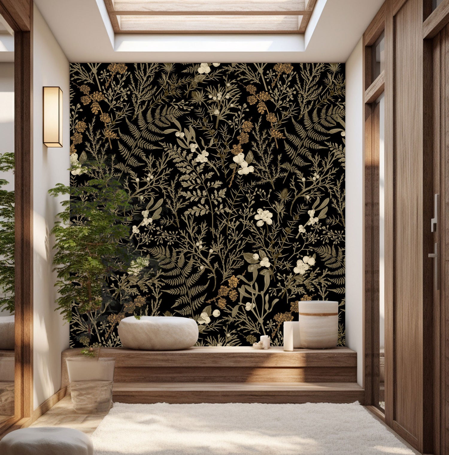 Dark Floral Wall Mural, Leaf Wallpaper, Moody Wallpaper, Lush Green Room, Peel and Stick, Botanical Wallpaper