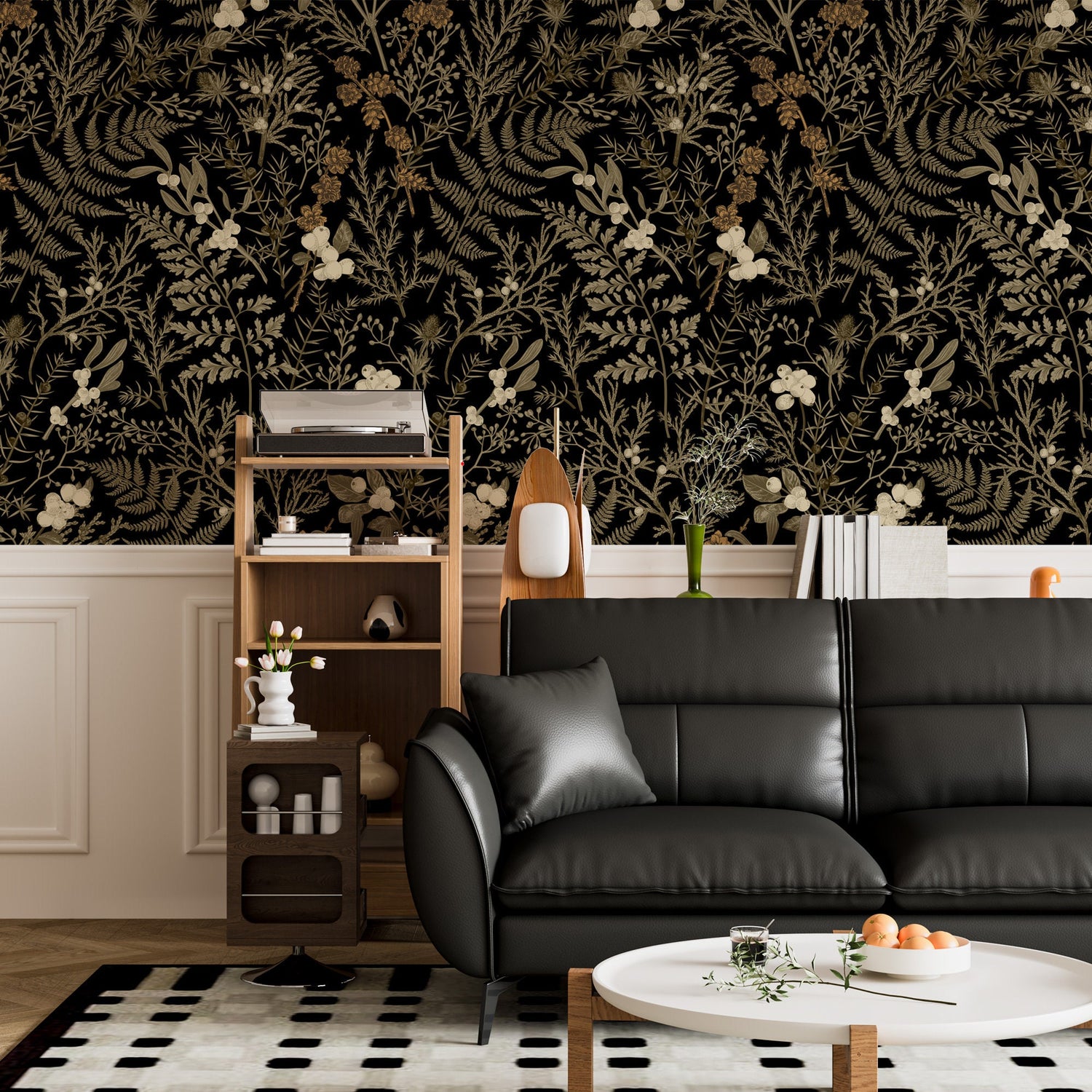 Dark Floral Wall Mural, Leaf Wallpaper, Moody Wallpaper, Lush Green Room, Peel and Stick, Botanical Wallpaper