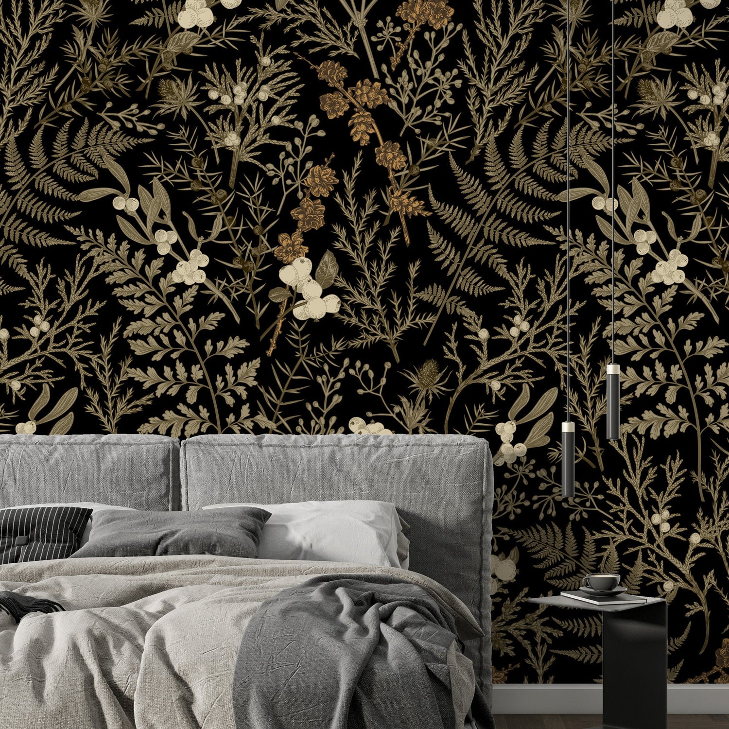 Dark Floral Wall Mural, Leaf Wallpaper, Moody Wallpaper, Lush Green Room, Peel and Stick, Botanical Wallpaper