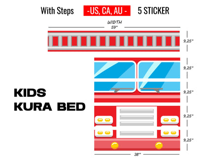 Fire Truck Kura Bed Sticker, Ikea Kura Bed Decals for Boys Bedroom, Peel and Stick Furniture Bed Decals for Kids Room Decor