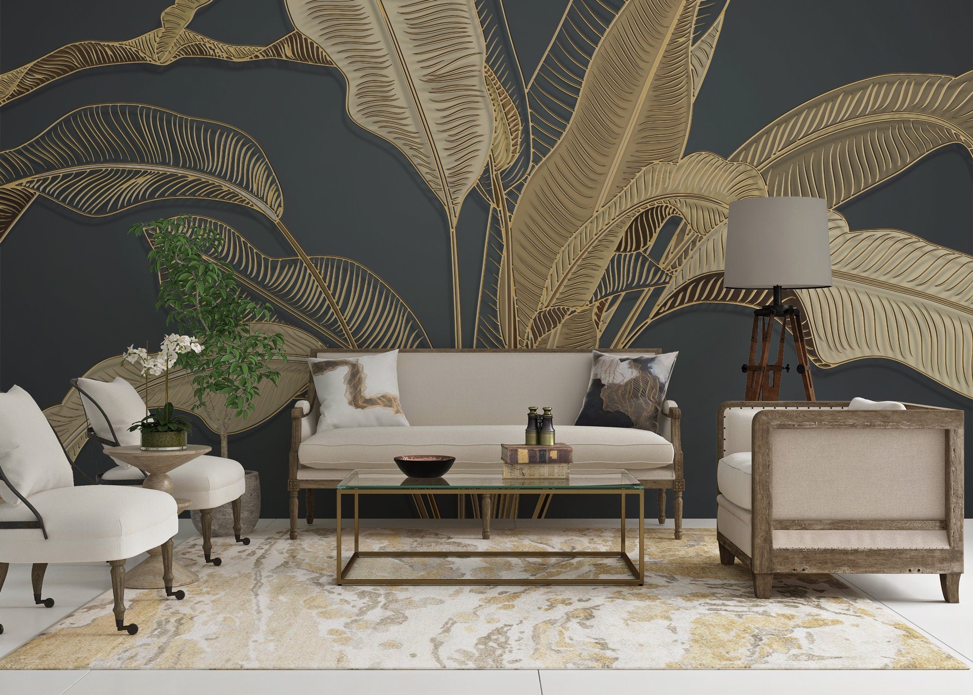 Tropical Gold Leaf Wallpaper, 3D Banana Leaf Design Wall Mural, Peel And Stick Gold Floral Wallpaper, Home Decor, Living Room Decor