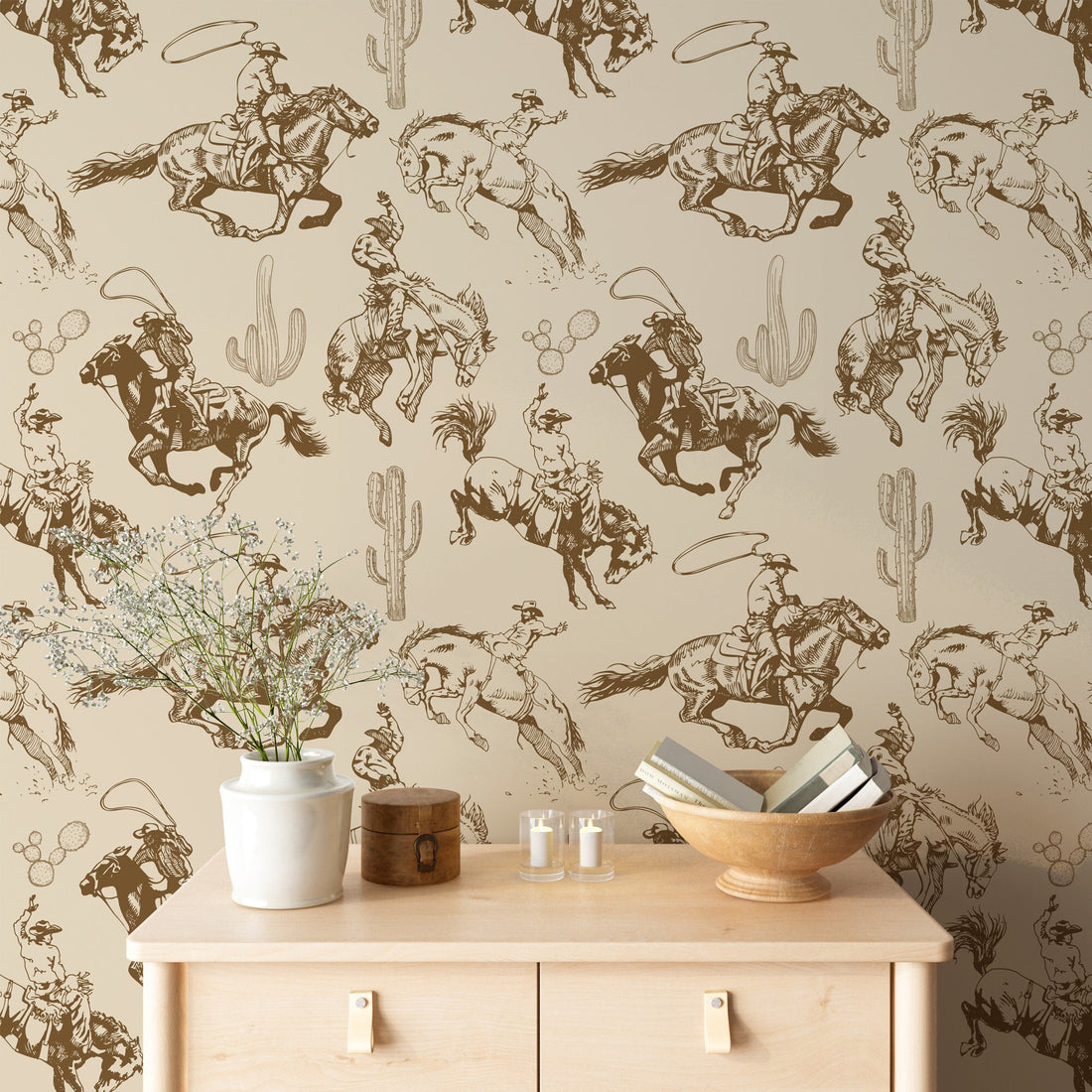 Kid Cowboy Wallpaper, West Texas Wall Mural,  Peel and Stick Wall Paper Farm House Horse Wallpaper, Home Decor, Brown Wallpaper