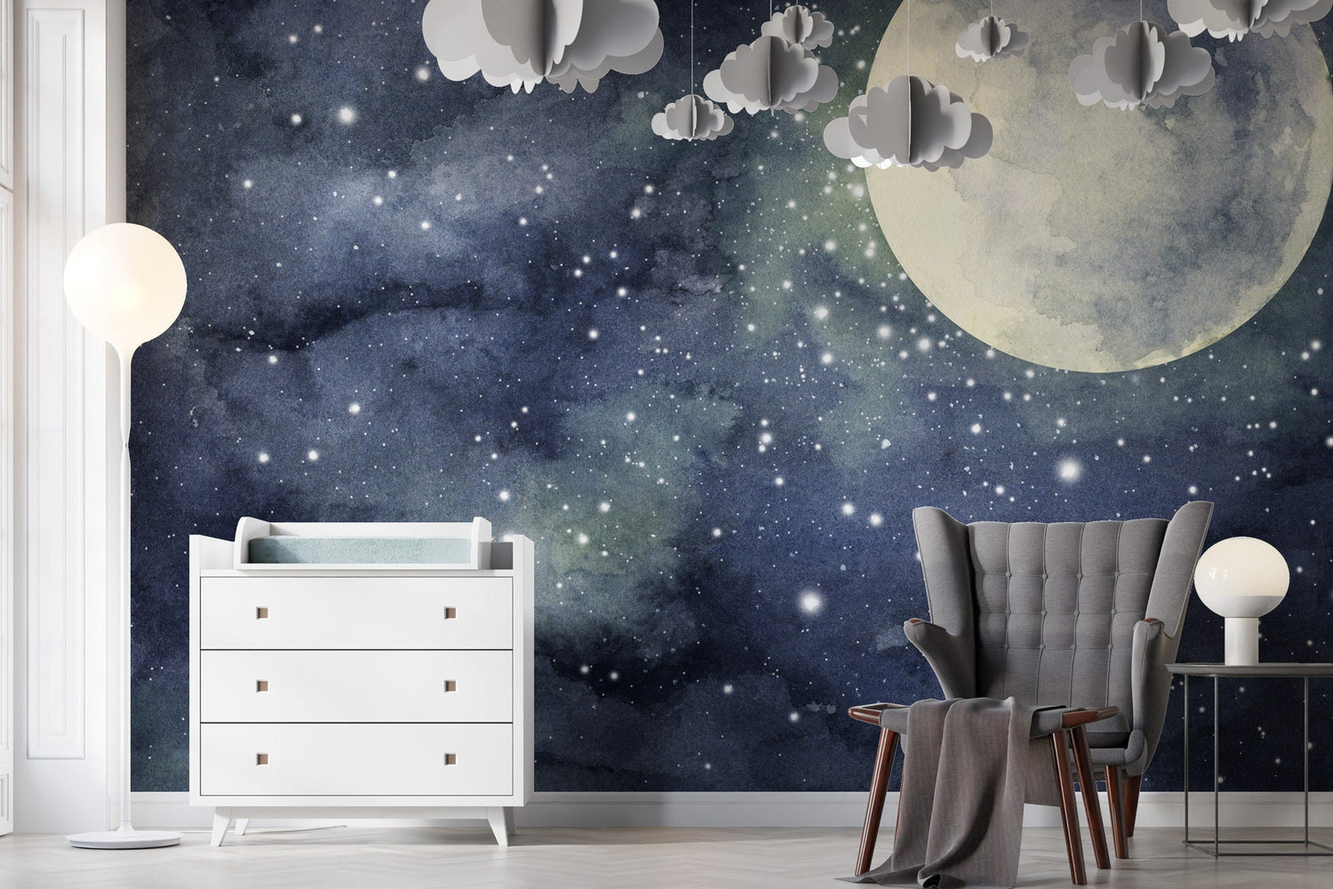 Cloudy Night Sky Wallpaper, Moon in The Night Sky, Moon Scape Wall Mural, Peel And Sitck Wallpaper, Nursery Room Decor