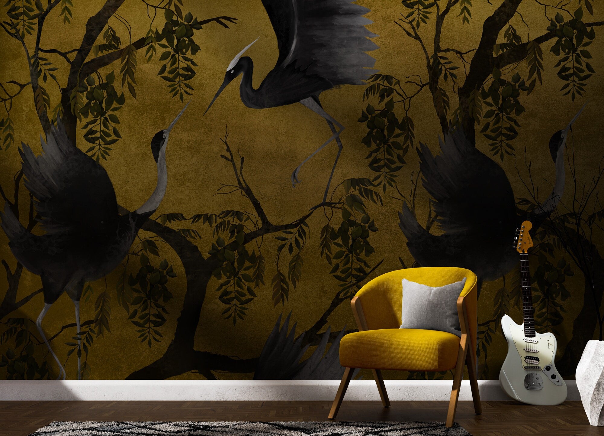 Chinoiserie Crane Wallpaper, Birds Trees 3D Photo Wallpaper Wall Mural Chinoiserie Flower, Crane Bird Chinoiserie Wallpaper Peel and Stick