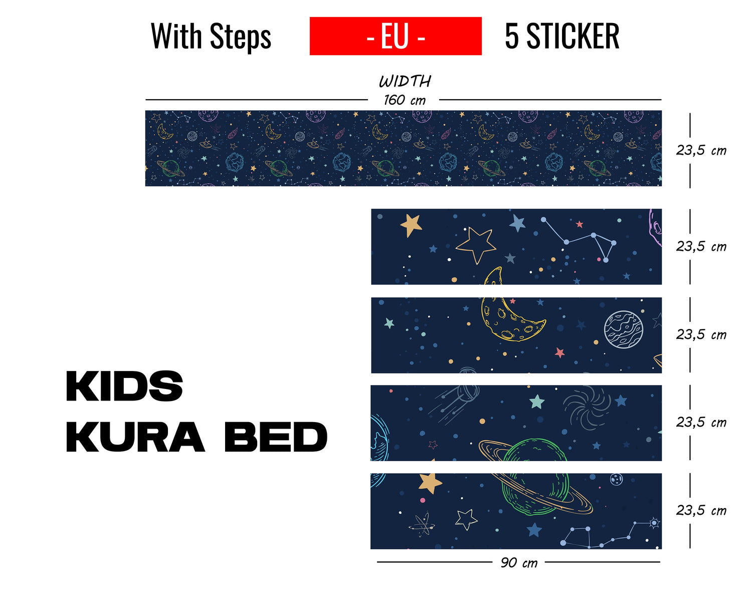 Space Planets and Stars Kura Bed Sticker, Ikea Kura Bed Decals for Boys Bedroom, Peel and Stick Furniture Bed Decals for Kids Room Decor