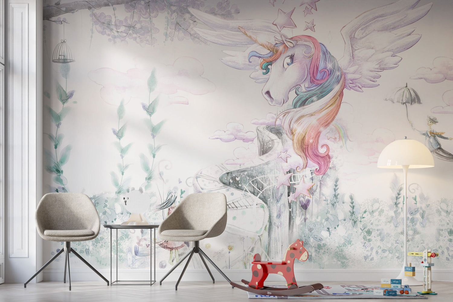 The Unicorn, Magic Unicorn Wall Mural, Girls Room Mural Art, Unicorns Wallpaper, Peel and Stick Wallpaper, Nursery Wall Mural