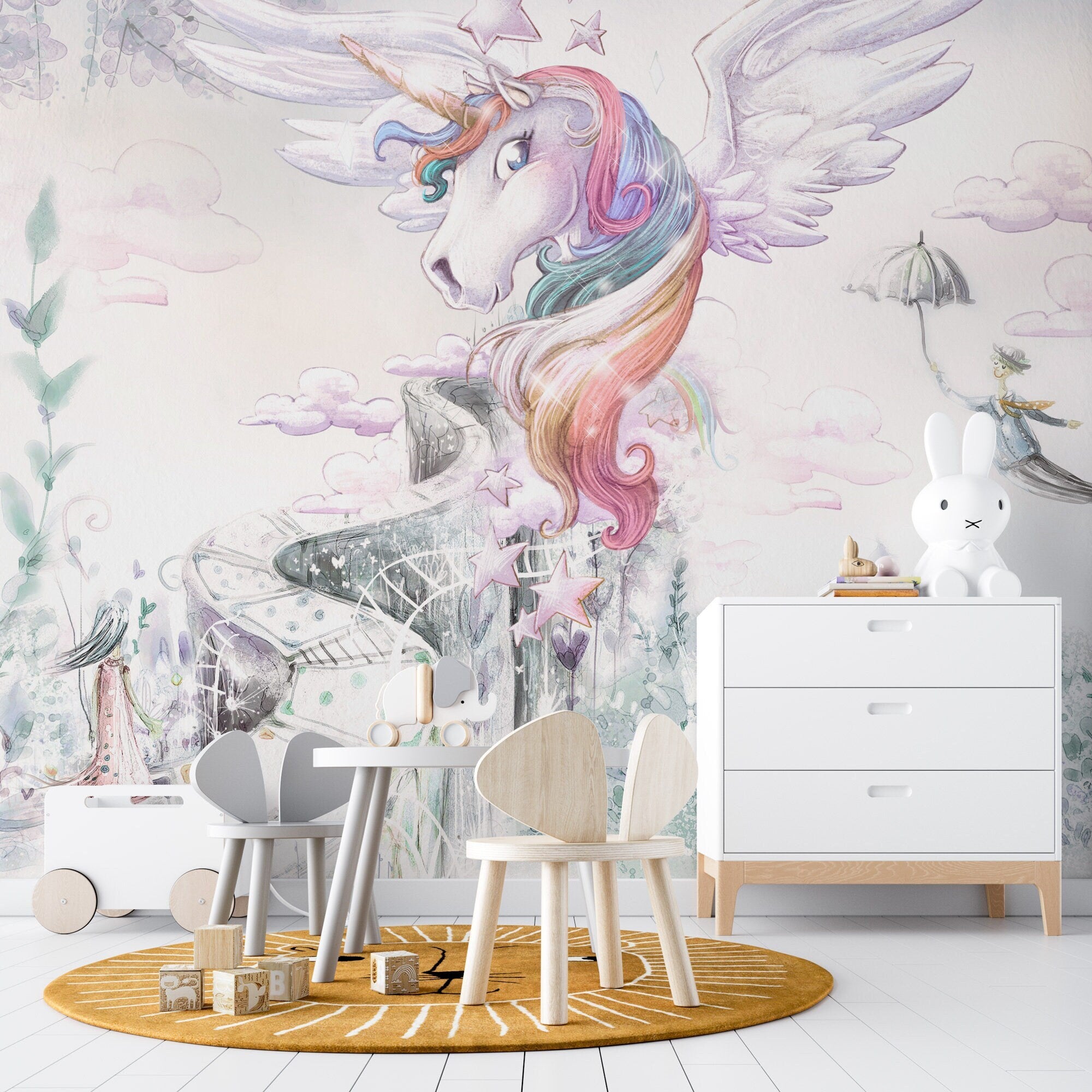 The Unicorn, Magic Unicorn Wall Mural, Girls Room Mural Art, Unicorns Wallpaper, Peel and Stick Wallpaper, Nursery Wall Mural