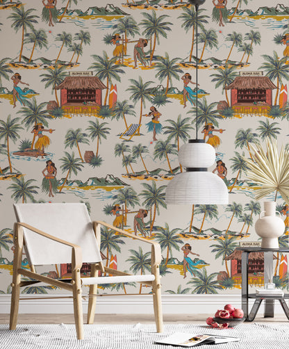 Palm Tree Islands Wallpaper, Hawaii Wall Mural, Tiki Wallpaper, Removable Wallpaper, Peel and Stick Wall Mural, Women Wallpaper