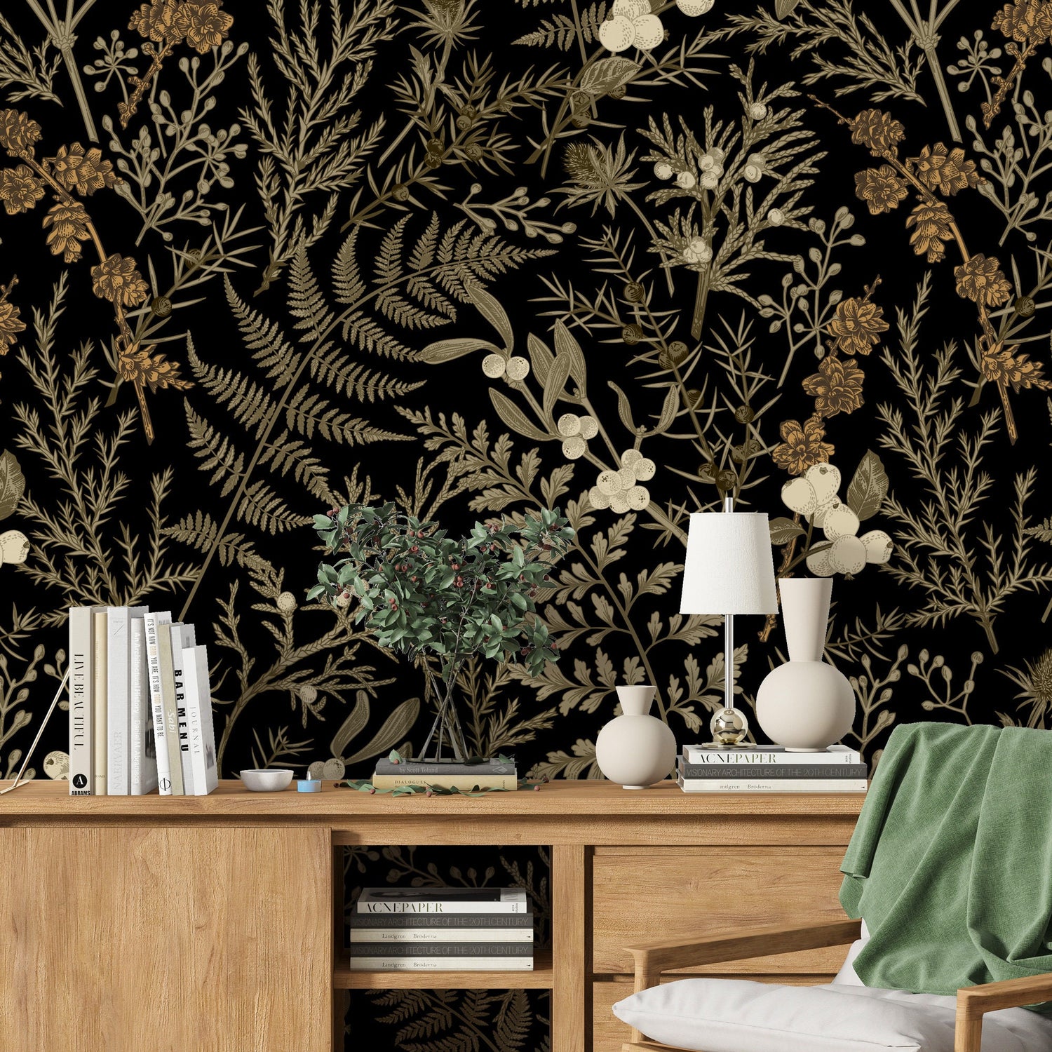 Dark Floral Wall Mural, Leaf Wallpaper, Moody Wallpaper, Lush Green Room, Peel and Stick, Botanical Wallpaper