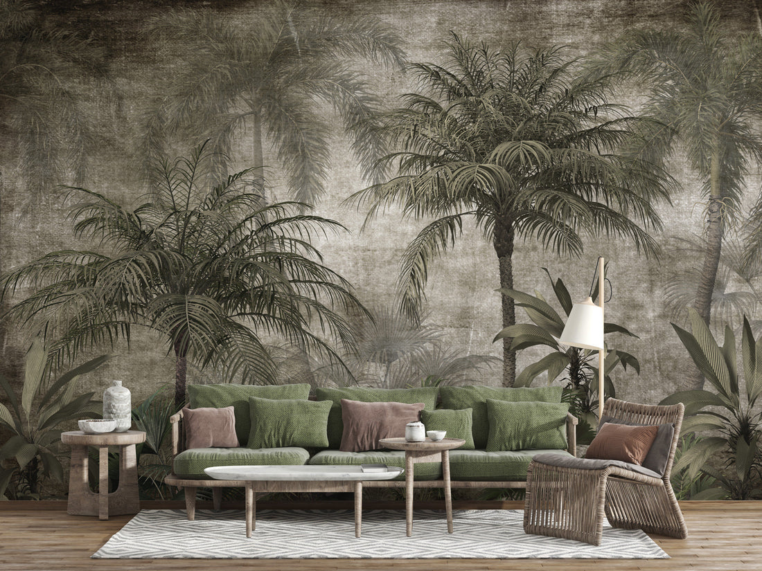 Green Tropical Mural, Tropical Peel And Stick, Removable Wallpaper, Tropical Home Decor, Customizable Watercolor Vintage Tropical Wallpaper