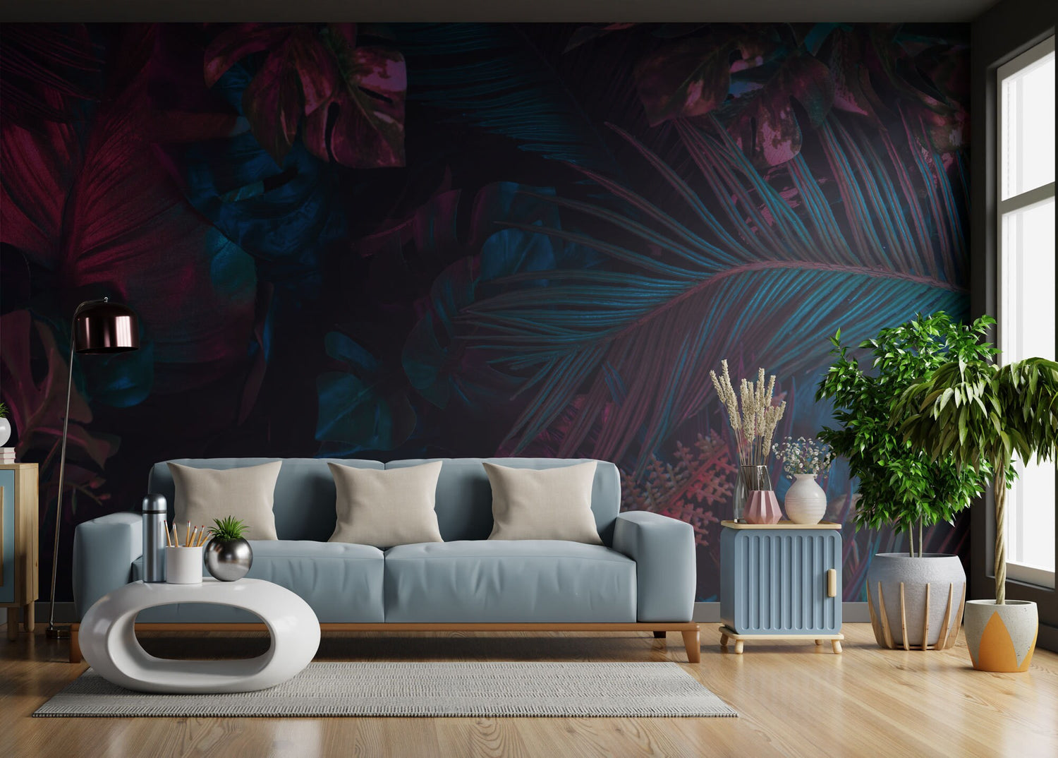 Exotic Pink and Blue Dark Tropical Leaves Wallpaper, Botanical Wall Mural, Home Decor, Removable Wallpaper, Peel and Stick