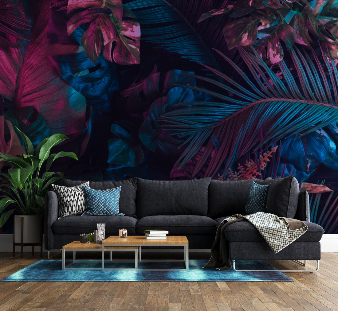 Exotic Pink and Blue Dark Tropical Leaves Wallpaper, Botanical Wall Mural, Home Decor, Removable Wallpaper, Peel and Stick