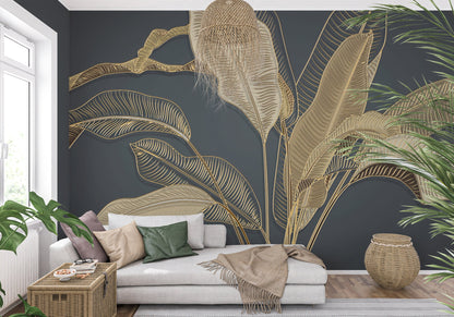 Tropical Gold Leaf Wallpaper, 3D Banana Leaf Design Wall Mural, Peel And Stick Gold Floral Wallpaper, Home Decor, Living Room Decor