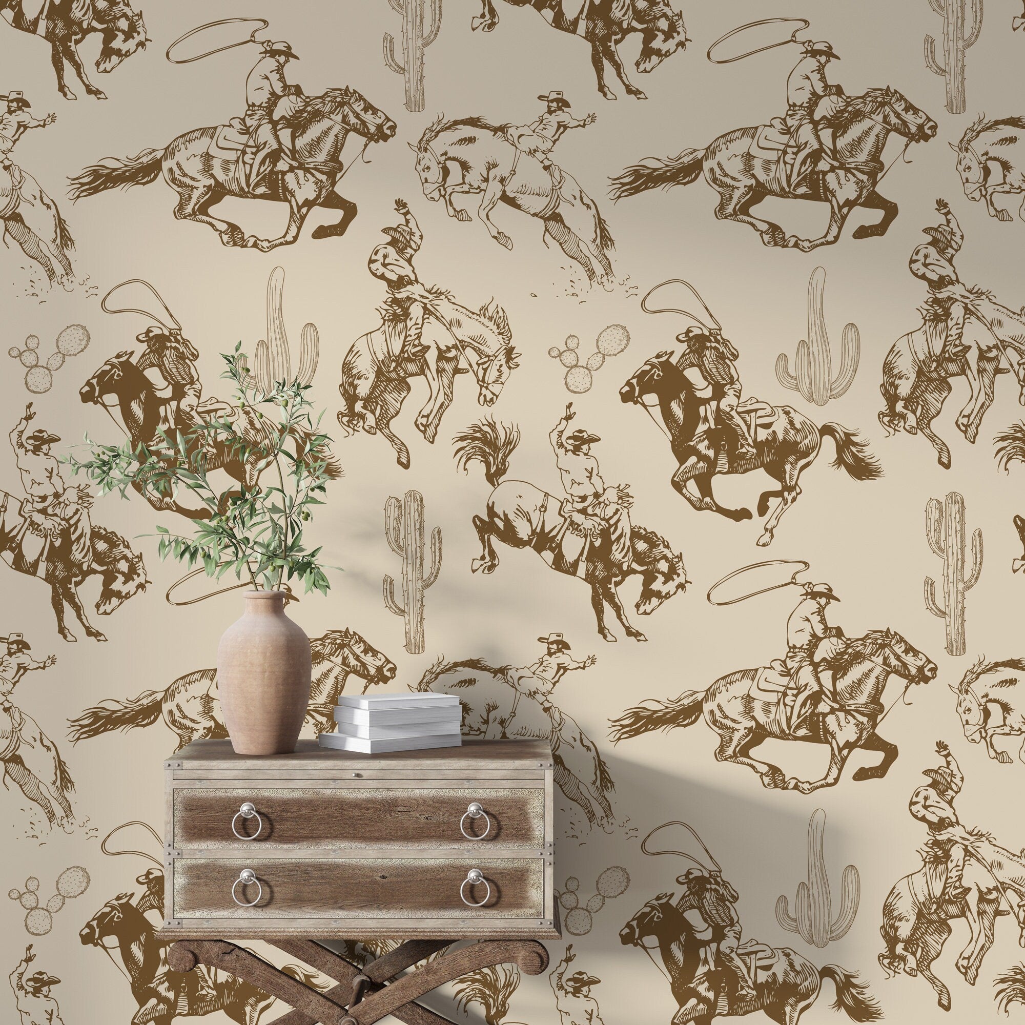 Kid Cowboy Wallpaper, West Texas Wall Mural,  Peel and Stick Wall Paper Farm House Horse Wallpaper, Home Decor, Brown Wallpaper