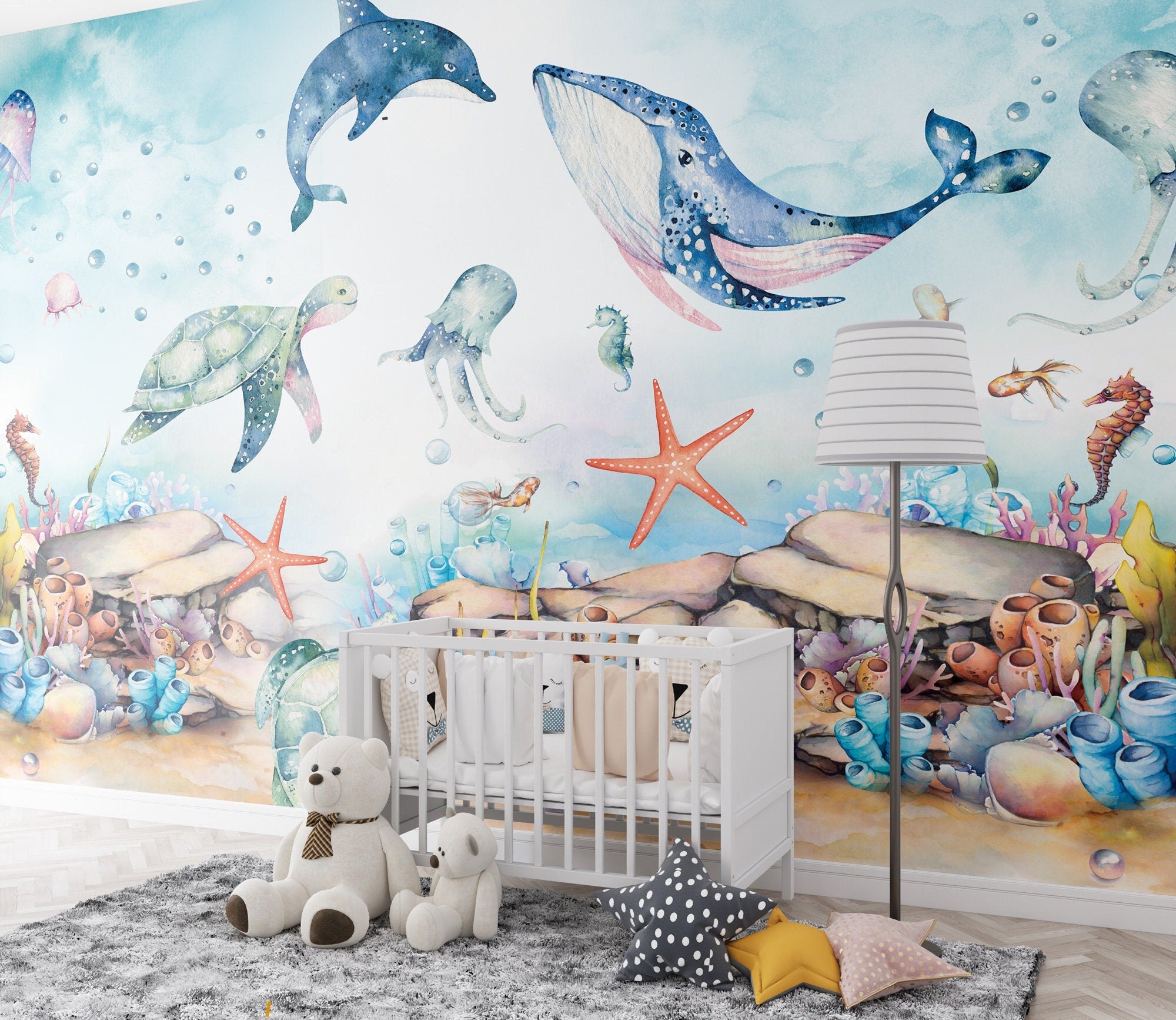 Blue Whale Wallpaper, Ocean Wallpaper with Whale, Peel and Stick Jellyfish Wall Mural, Nursery Room Decor, Kids Wall Mural Sea Animals Whale