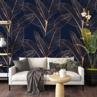 Dark Floral Wallpaper, Gold Leaf Peel and Stick Wallpaper, Leaves Wall Mural, Removable Wallpaper, Home Decor, Printable Wall Art Room Decor