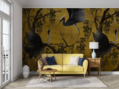 Chinoiserie Crane Wallpaper, Birds Trees 3D Photo Wallpaper Wall Mural Chinoiserie Flower, Crane Bird Chinoiserie Wallpaper Peel and Stick