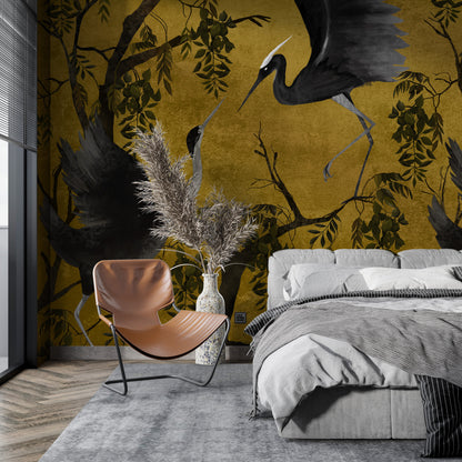 Chinoiserie Crane Wallpaper, Birds Trees 3D Photo Wallpaper Wall Mural Chinoiserie Flower, Crane Bird Chinoiserie Wallpaper Peel and Stick