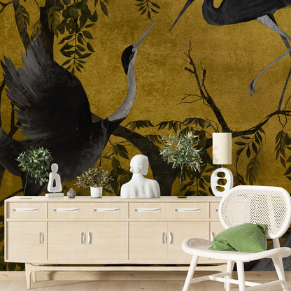 Chinoiserie Crane Wallpaper, Birds Trees 3D Photo Wallpaper Wall Mural Chinoiserie Flower, Crane Bird Chinoiserie Wallpaper Peel and Stick