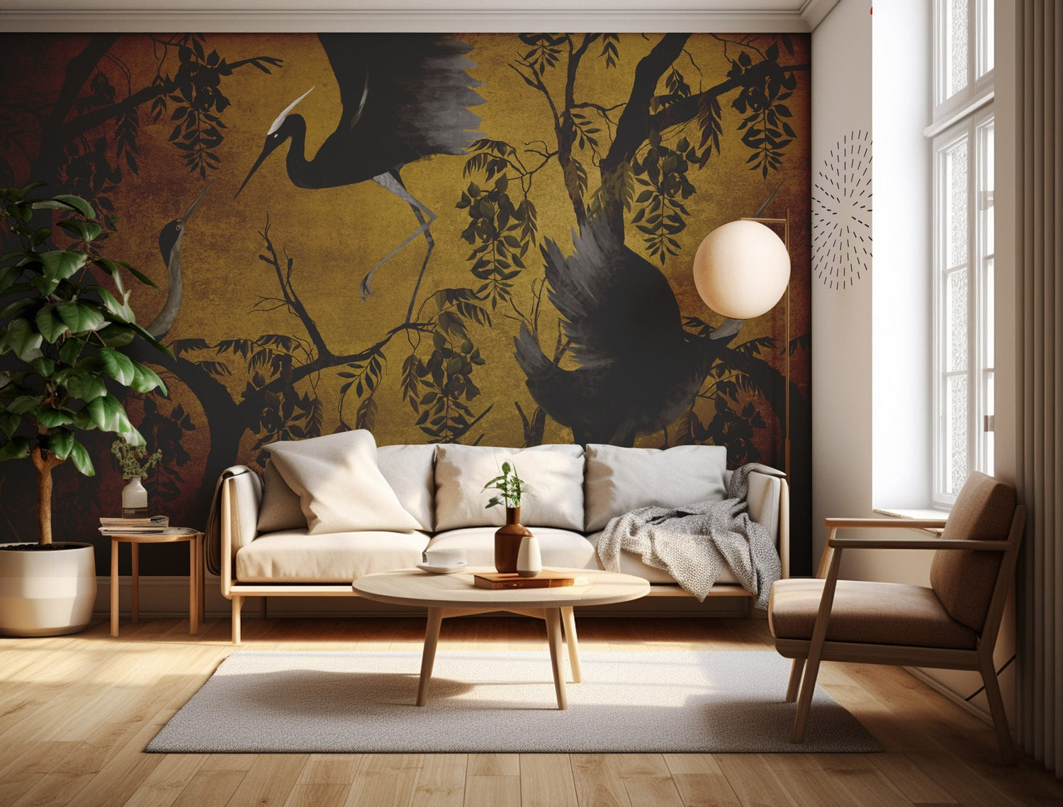 Chinoiserie Crane Wallpaper, Birds Trees 3D Photo Wallpaper Wall Mural Chinoiserie Flower, Crane Bird Chinoiserie Wallpaper Peel and Stick