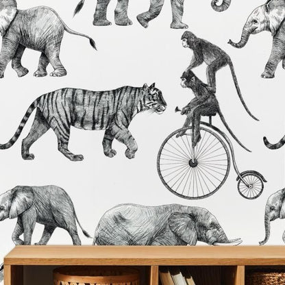 Animals Wallpaper, Elephants and Monkey, Nursery Room Decor