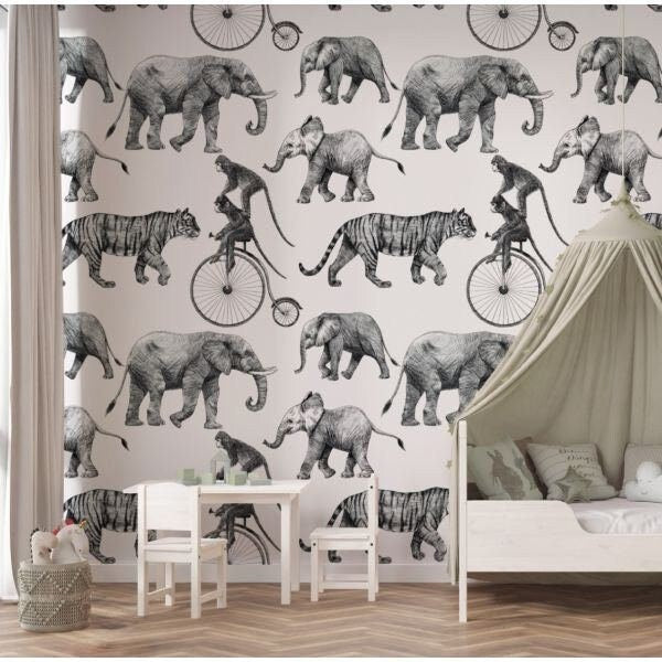 Animals Wallpaper, Elephants and Monkey, Nursery Room Decor