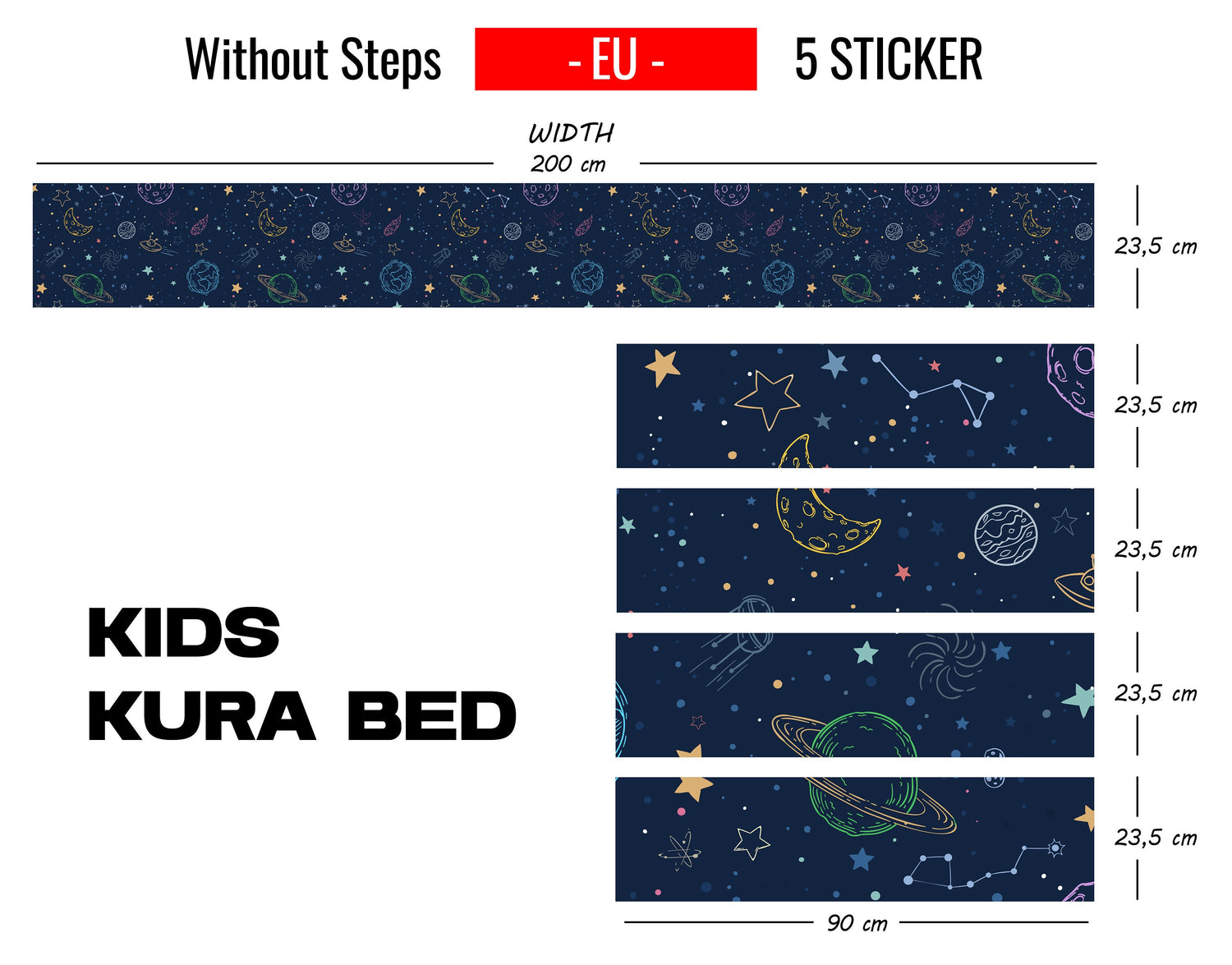 Space Planets and Stars Kura Bed Sticker, Ikea Kura Bed Decals for Boys Bedroom, Peel and Stick Furniture Bed Decals for Kids Room Decor