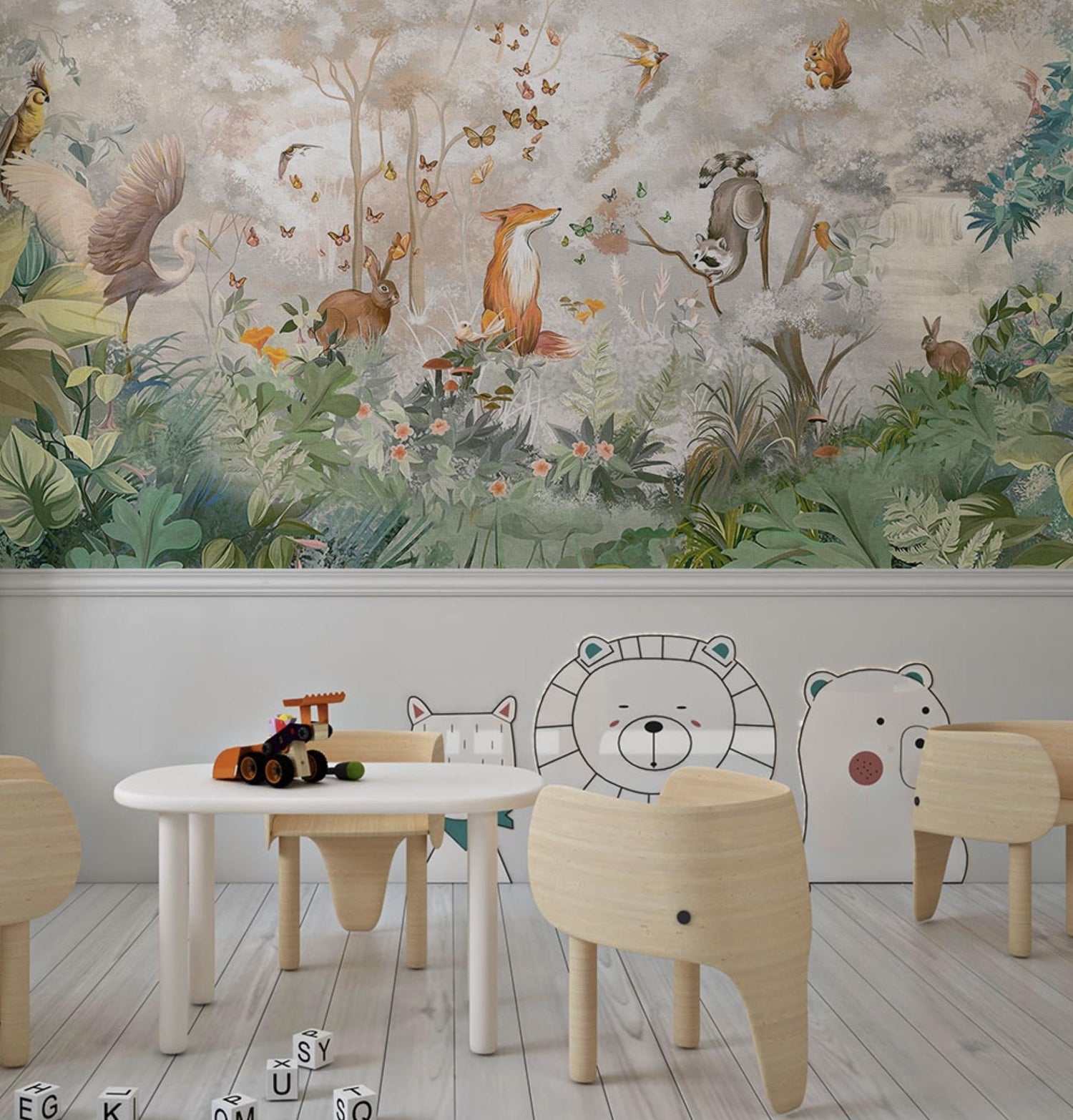 Kid Forest Animals Wallpaper, Peel and Stick, Tropical Wallpaper, Nursery Wall Art Removable Wallpaper, Modern Home Decor