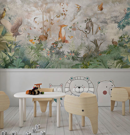 Kid Forest Animals Wallpaper, Peel and Stick, Tropical Wallpaper, Nursery Wall Art Removable Wallpaper, Modern Home Decor